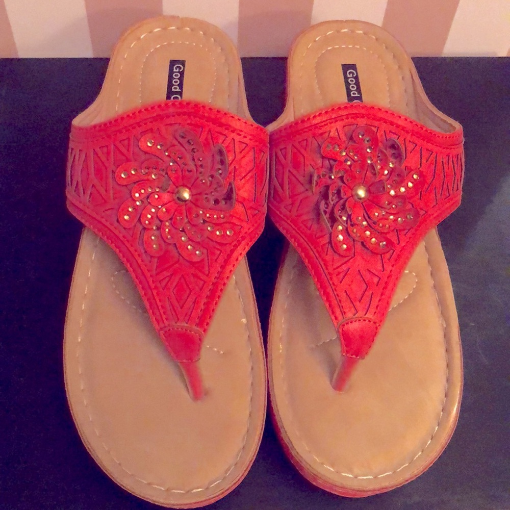 Good Chic Red Tan Floral Sandals - Picture 2 of 5